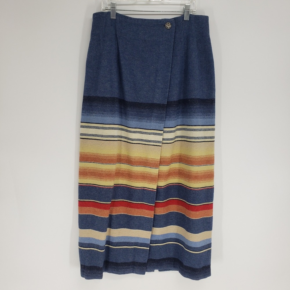 Vintage 90s EXP Express Southwestern Striped Wool Maxi Skirt Size 8 Blue Wrap